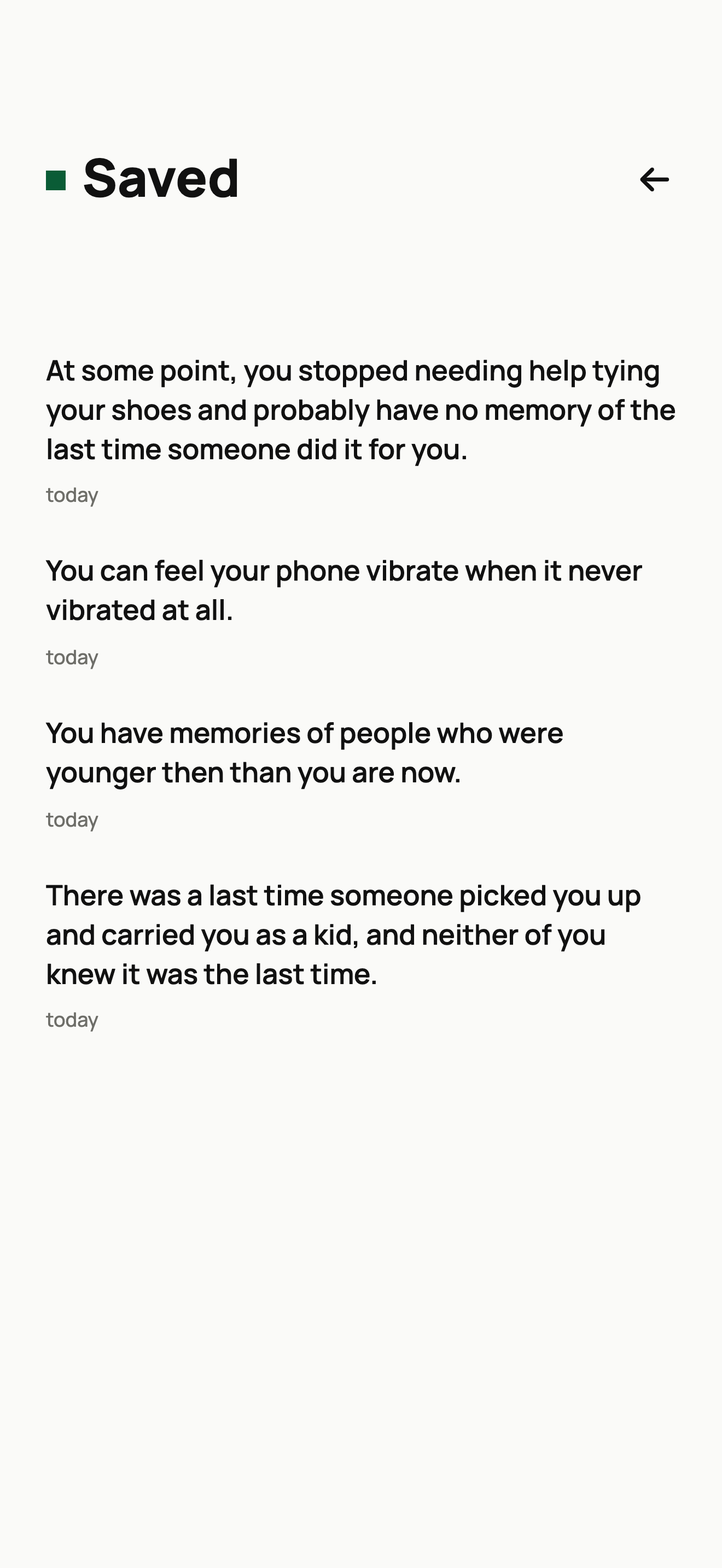The Saved screen in Yorlo: a plain list of kept thoughts, each with the day it was kept.